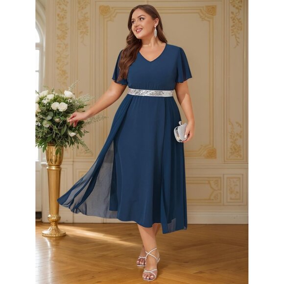 Women Plus Size Chiffon Formal Evening Gown with Sequins V-Neck 5X - Picture 4 of 9